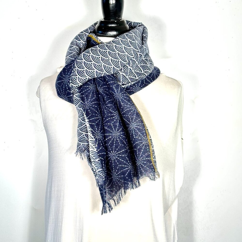 NWOT Long wool scarf with grey, white blue star, wave patterns